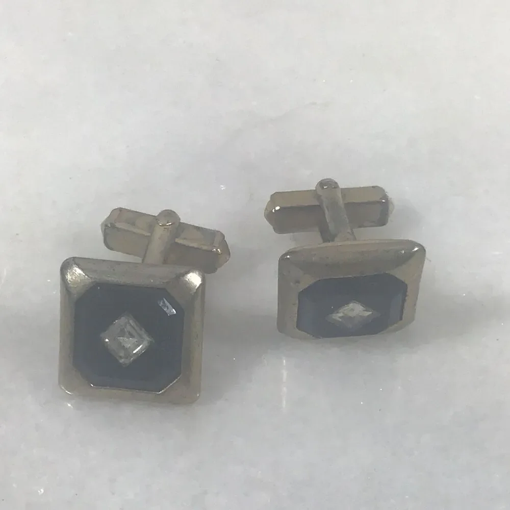 Vintage Silver Tone Square Cufflinks –Black Onyx Style Inlay with Crystal Accent